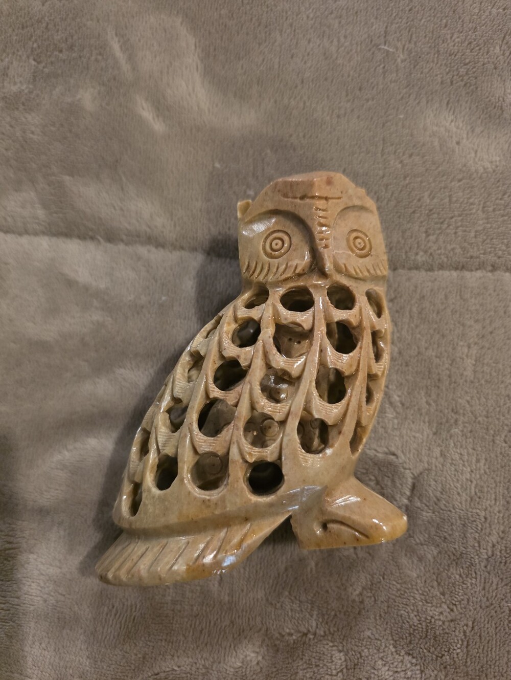 Hand Carved Owl Figurine - Honey Brown Stone